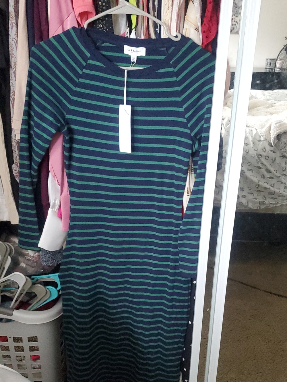 Gilli Navy and Green Striped Long Sleeve Midi Dress